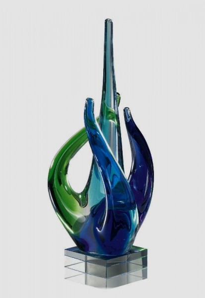 Glasskulptur blau - klar auf Kristallsockel