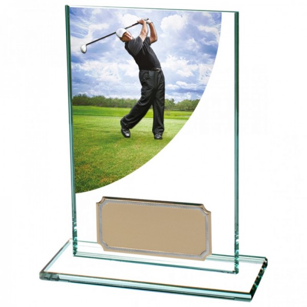 Kristallpokal " Golfer " im faszinierenden Color-Curve Schild